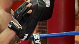 blonde fighter bent over ring ropes takes brutal doggystyle pounding from coach