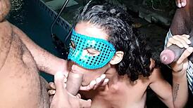 skinny latina teen naked by pool tempts her stepdad with tight pussy closeup