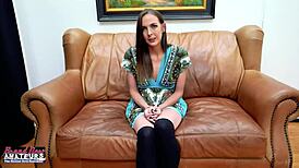 Busty brunette milf fingers wet shaved pussy before sloppy deepthroat