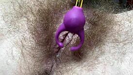 testing new toy on big clit hairy pussy orgasm closeup