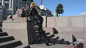 Latex Mona Struts In Sexy Suit High Heels Down Street Teasing Tight Ass And Boobs