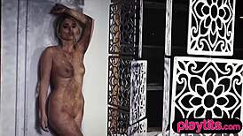 PETITE BLONDE STRIPS LINGERIE TO FLASH PERKY TITS AND BUBBLE BUTT