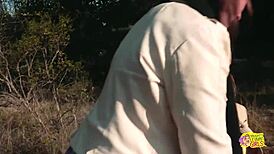 Two Brunette Friends Picnic Turns Strapon Lesbian Doggystyle Outdoor Pussy Lick