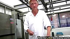 Hot brunette teen rides old man's cock cowgirl style in kitchen frenzy!