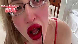 Sissy Bimbo Crossdresses in Glasses Applying Thick Red Lipstick for Intense Fetish Training Session
