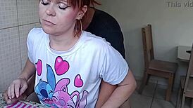 hot redhead teen slut spreads legs on kitchen counter for stepbrother's bareback pounding while washing dishes