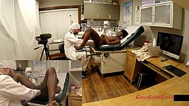 Rina Arem's shaved pussy probed in virginity clinic