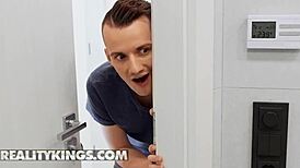 Naughty roommate romy indy deepthroats big cock, rides cowgirl sideways to cum in mouth ball licking!