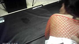 half-asian big boob brunette in glasses gets her shaved pussy powerfucked backstage