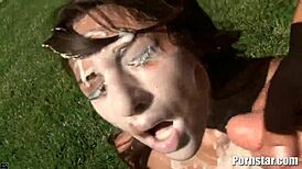 brunette babe aj estrada kneels outdoor for group blowjobs ending in massive facials and cumshots