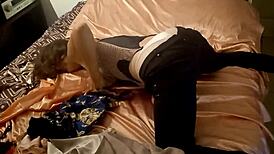 white slut slips satin thong aside in tight bodycon dress for pov blowjob then heels-up doggy rimjob and pounding