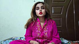 Stepsister flaunts big natural tits and shaved pussy in rough bedroom sex lesson