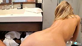 petite blonde model bends over for monster cock doggystyle in hotel bathroom tight pussy.