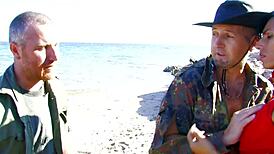 Latina mommy in lingerie fishnets heels rides monster cock anal doggystyle on beach shaved pussy gaping